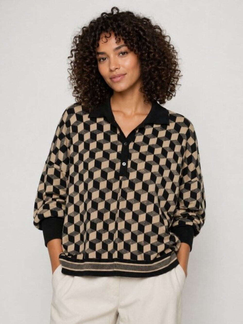 Tuckernuck Black and Camel Collared Boxy Geometric 3/4 Sleeve Knit Sweater Sz XS